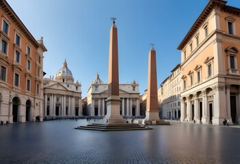 A historic city square in Rome, Italy with a large church dome, obelisk, and cobblestone streets lined with old buildings