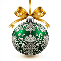 emerald and silver New Year's ball with beautiful patterns, on a gold ribbon