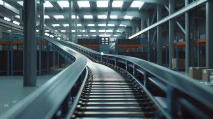 Fototapeta premium A detailed view of a conveyor belt system inside a modern factory, emphasizing the efficiency and automation in industrial manufacturing.