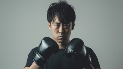 Determined boxer, in a determined stance with black gloves, poses against a gray background, embodying strength, focus, and readiness to fight.
