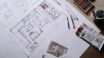 Interior Designer's Working Table with Plans and Samples. AI generated illustration.