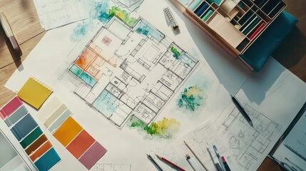 Interior Designer's Working Table with Plans and Samples. AI generated illustration.