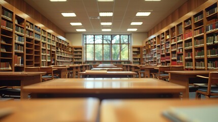 Fototapeta premium Abstract blurred empty college library interior space. Blurry classroom with bookshelves by defocused effect