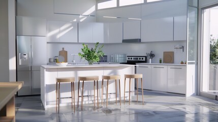 Fototapeta premium A modern, sunlit kitchen with sleek white cabinets, an island, and wooden bar stools.