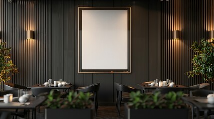 Modern restaurant interior mockup with blank poster frame. Restaurant design, menu, advertising, branding.