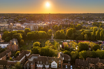 Aerial drone shot during sunset over the town of Bishops Stortford in England