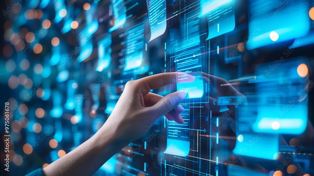 Poster hand interacting with digital screen, touching blue glowing data on futuristic technology interface.