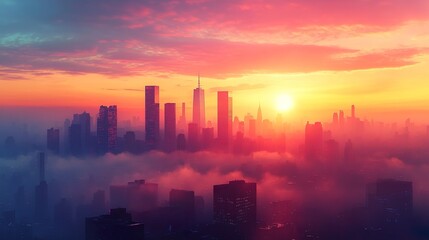 Urban skyline bathed in morning light with colorful sunrise silhouette wallpaper