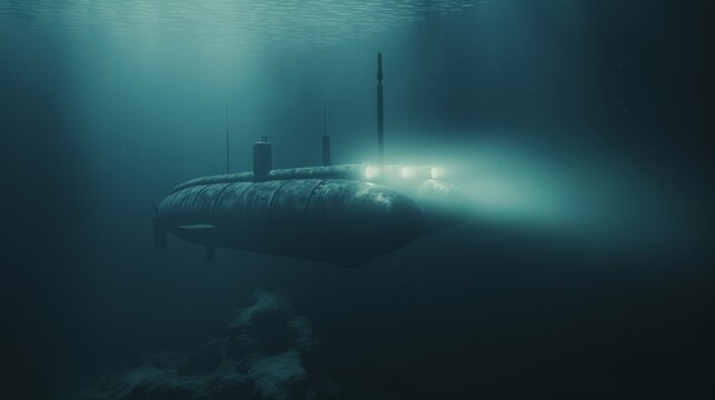 A submarine cruising silently underwater, enveloped in dim light, creating an impression of a covert and mysterious mission.