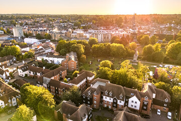 Aerial drone shot during sunset over the town of Bishops Stortford in England