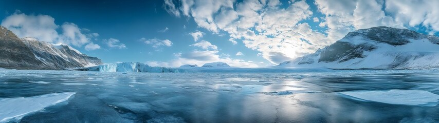 Fototapeta premium Vast icy landscape with frozen glaciers and icebergs under a dramatic blue sky, highlighting the raw beauty and power of nature in the polar regions.