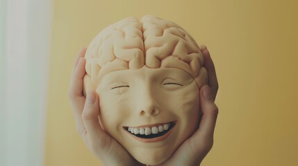 A smiling, brain-shaped toy being held gently, symbolizing the joy of learning, creativity, and mental well-being.