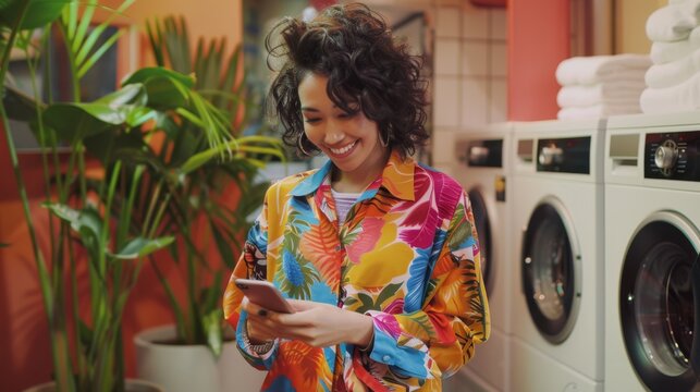 A cheerful woman in a vibrant floral shirt smiles as she interacts with her smartphone in a colorful, cozy laundromat setting filled with plants.