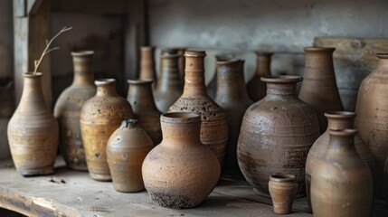 A rustic shelf adorned with various pottery pieces, showcasing the diversity and beauty of handmade ceramics.