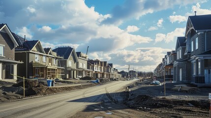 Obraz premium Newly built suburban houses under a bright blue sky, showcasing a growing neighborhood amidst ongoing construction and development.