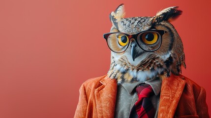 Cool looking owl bird wearing funky fashion dress - jacket, shirt, tie, glasses. Wide banner with space for text at side. Stylish animal posing
