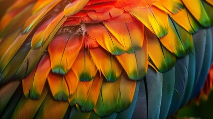 Obraz premium Vibrant and colorful feathers of a macaw, exhibiting a stunning array of blues, greens, yellows, and reds in intricate detail.