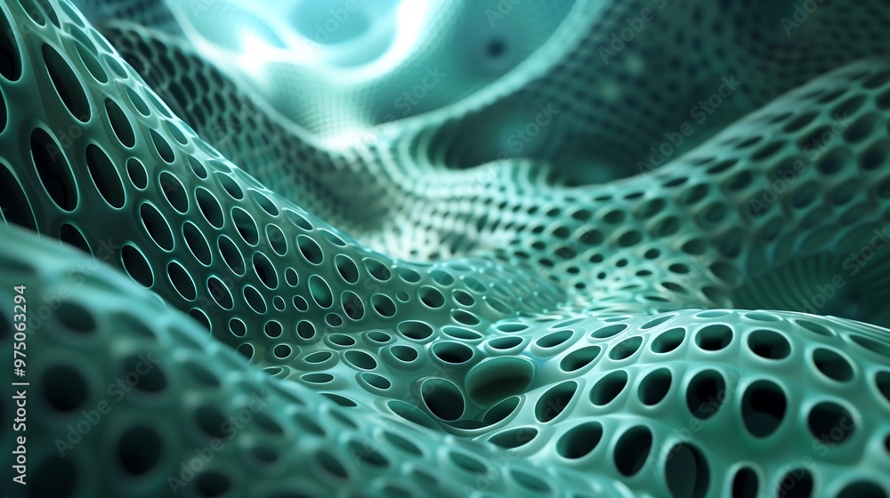Poster abstract turquoise pattern with circular holes and a wavy surface