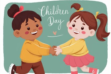 Two kids, one black and one white, smiling and holding hands, celebrating Childrens Day.