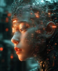 Young woman's face merges with blue digital graphics, combining human features with digital elements