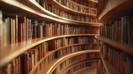 Naklejka premium Curved bookshelves filled with colorful books in cozy library, warm ambient lighting creating inviting atmosphere