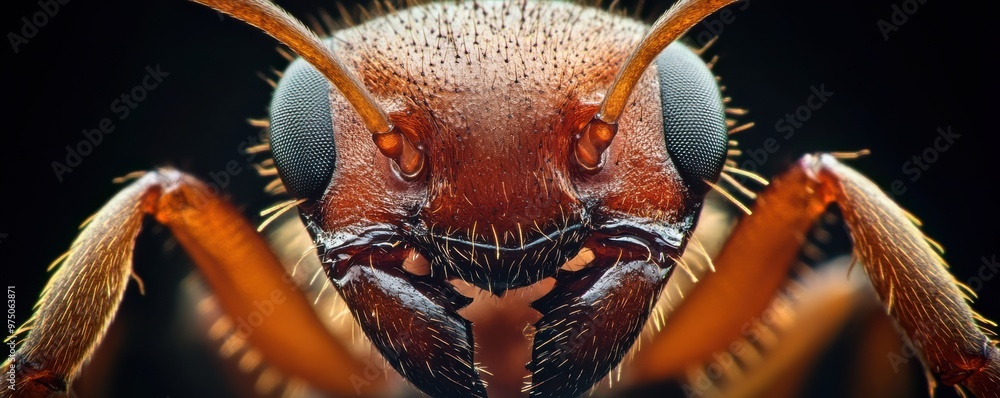 Poster detailed macro shot of an ant's mandibles highlighting intricate textures and sharp focus in a natur