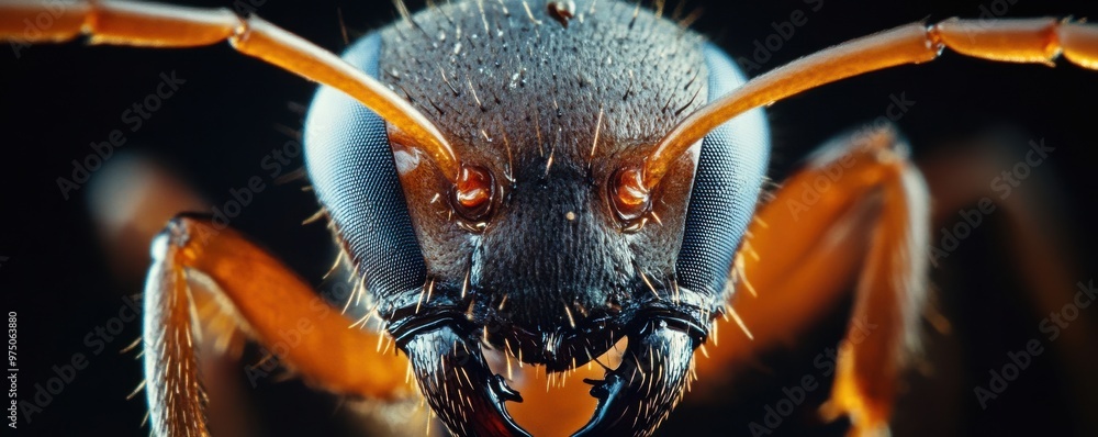 Poster close-up shot of an ant displaying its sharp mandibles and intricate details of its exoskeleton