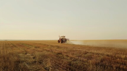 Fototapeta premium A tractor diligently plows a dry wheat field under a clear sky, the scene epitomizing the spirit of hardworking farmers in a seemingly endless landscape.