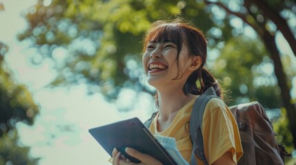A young woman joyfully smiles outdoors, holding a tablet and paper, embodied by natural sunlight and a feeling of adventure.