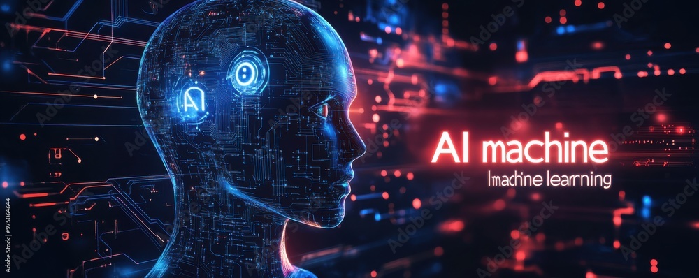 Poster digital illustration of an ai robot head illuminated with neon lights showcasing the concept of mach