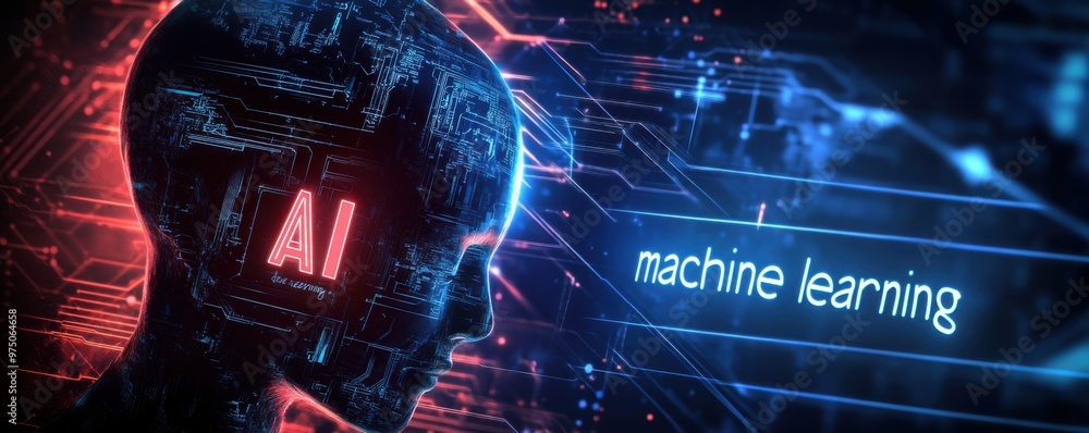 Poster digital illustration of an ai robot head with glowing circuits showcasing machine learning and futur