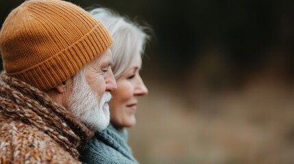 Two individuals dressed warmly in knit clothing and hats are seen from behind, embracing each other in an outdoor, natural setting, capturing a tender moment of companionship.