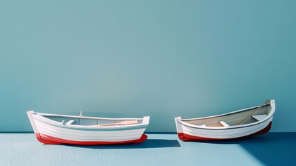 Two small white and red rowboats float serenely against a bright blue backdrop, evoking a sense of peaceful solitude.