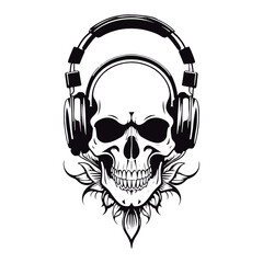 Black and white outline etching on a skull wearing a headphone
