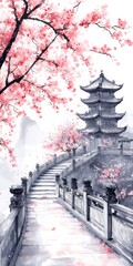 Obraz premium Elegant Chinese-style architecture with ancient pavilion surrounded by cherry blossoms, capturing traditional beauty and serene atmosphere