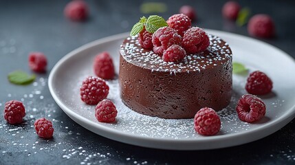   A chocolate cake, topped with fresh raspberries, served on a white plate and dusted with powdered sugar