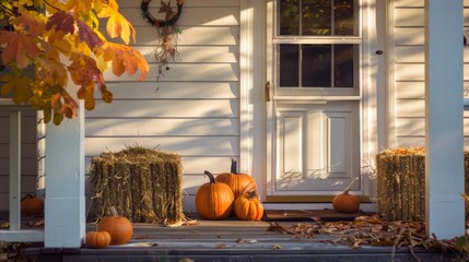 An inviting front porch with pumpkins and hay bales under the warm fall sun, adorned with seasonal wreaths and autumn decorations.