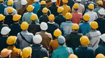 Obraz premium A crowd of workers all wearing hard hats, viewed from behind, gather in a tightly packed formation, possibly at a construction site.