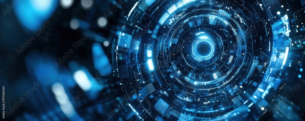 Poster futuristic digital technology background featuring abstract glowing circular patterns with blue neon