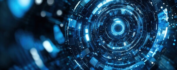 Obraz premium Futuristic digital technology background featuring abstract glowing circular patterns with blue neon lights, representing innovation and high-tech concepts