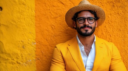 A stylish man with a beard and glasses wearing a straw hat poses confidently in a vibrant orange jacket, exuding warmth and charisma against the bright backdrop.