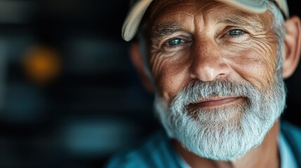 An elderly man with a cheerful expression, wearing a cap, is captured closely, highlighting his features against a softly blurred backdrop for a warm feel.