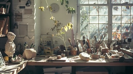 Sunlight filters through a large window, illuminating a cluttered artist's workspace filled with brushes, sculptures, and foliage.