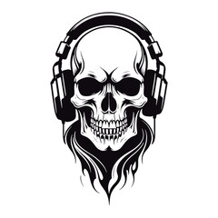 Black and white outline etching on a skull wearing a headphone
