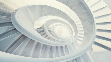 A mesmerizing view of a spiral staircase, its twisting white steps creating a hypnotic pattern, highlighted by soft natural light.