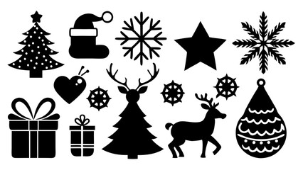 Festive Christmas icons set featuring line art silhouettes. Perfect for holiday designs and decorations. Ideal for creating seasonal vector illustrations