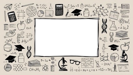 Black and white illustration with a central rectangular frame, surrounded by scientific and mathematical doodles. Suitable for educational projects or design layouts.