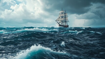 Obraz premium A tall ship navigates through a turbulent sea under a cloudy sky, capturing the essence of adventure and the power of nature.