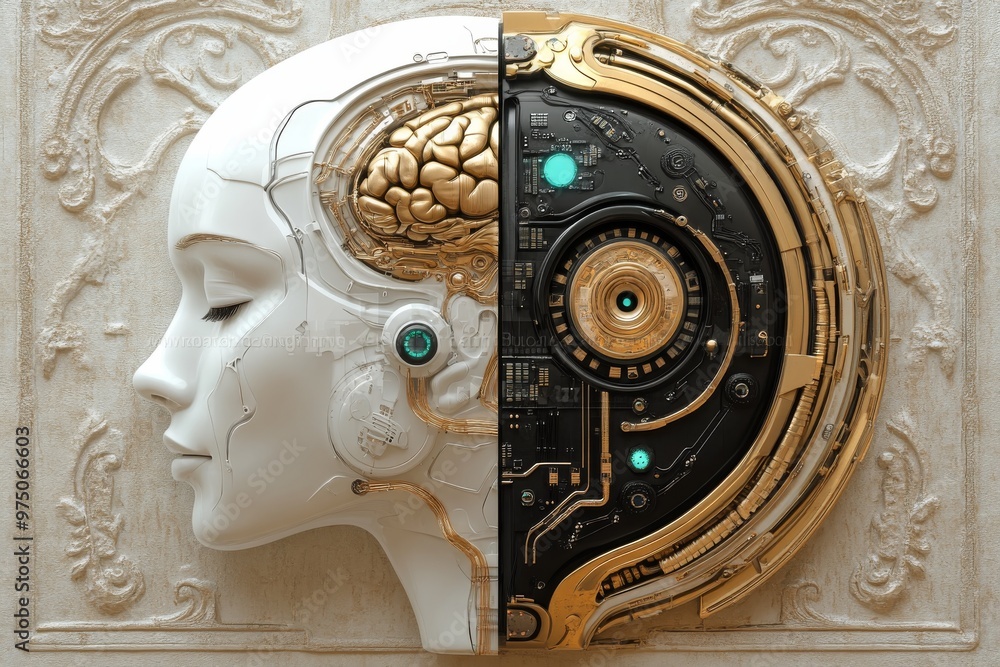 Poster biomechatronics thought mapping neural circuits neurooptics and ai brain artistic sculpture of ai hu