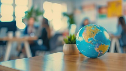 A colorful globe sits prominently on a desk in a modern office environment, symbolizing global connections, teamwork, and a unified effort.